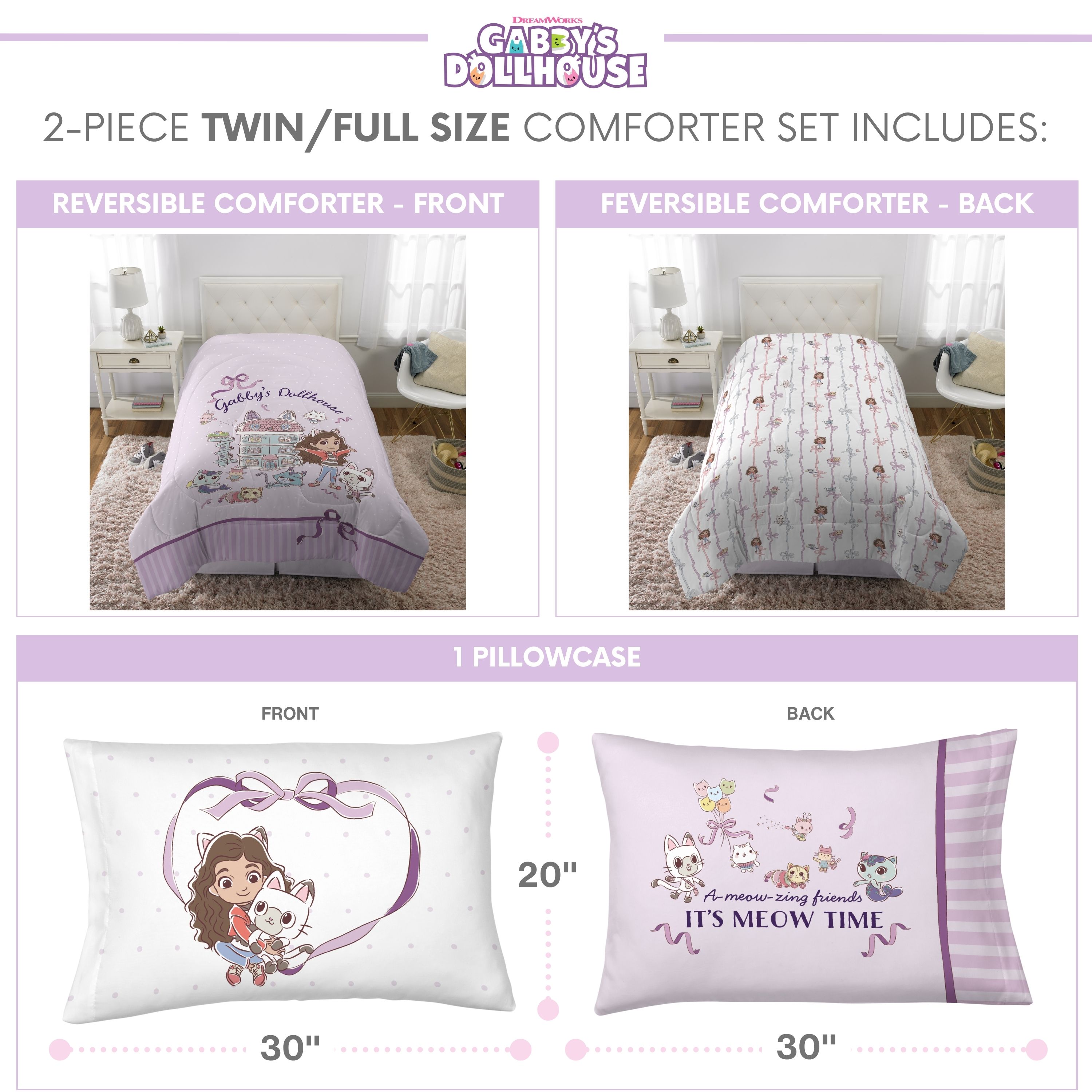 Gabby's Dollhouse Kids 2 Piece Purple Reversible Comforter and Pillowcase set, Twin/full