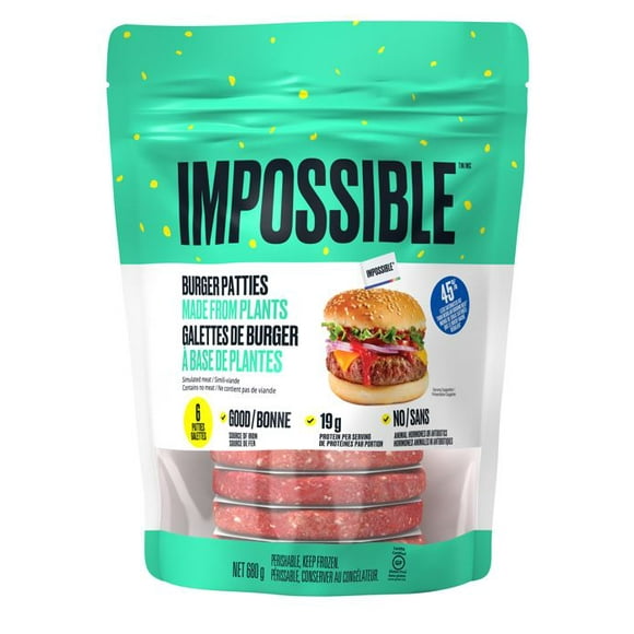 Impossible Foods Galettes de hamburger surgelées à base de plantes, 6 unités, 680 g Impossible Foods Galettes de hamburger surgelées à base de plantes, 6 unités, 680 g