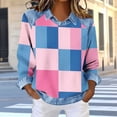 thumbnail image 2 of lcziwo Women Patchwork Denim Shirt Waffle Knit Long Sleeve Tshirt Loose Casual Color Block Regular Fit Blouse Pink M, 2 of 5