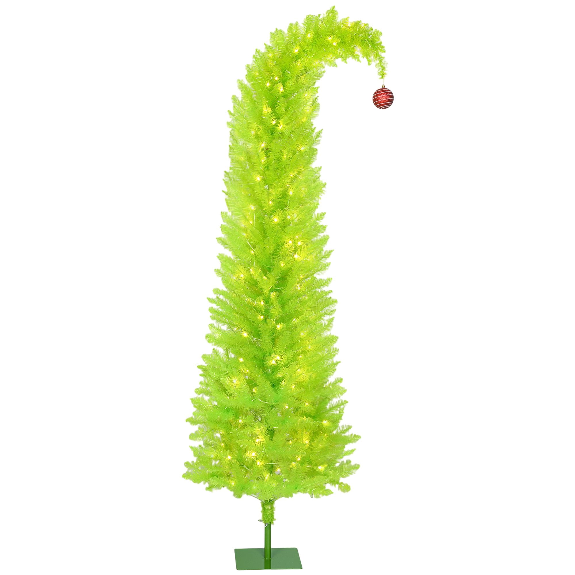 7 ft Prelit Pencil Christmas Tree with 250 Warm White LED Lights, 628 Tips, Bent Top with Red Ball, Slim Artificial Xmas Tree for Small Spaces and Apartments