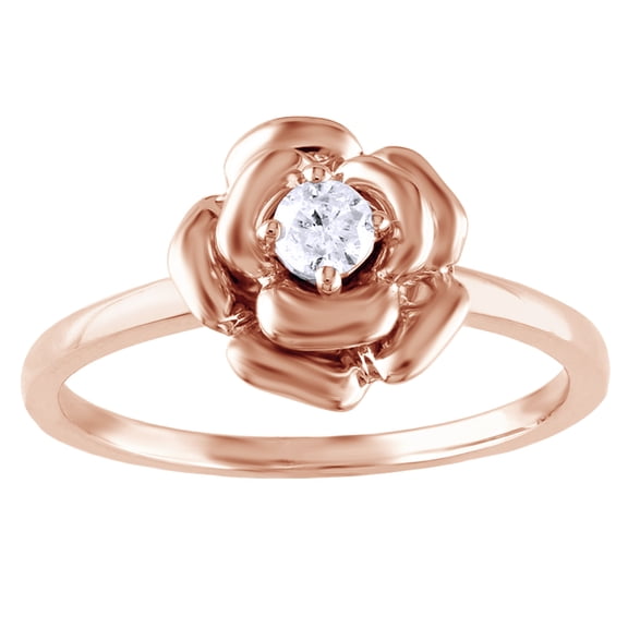 AFFY White Natural Diamond Solitaire Flower Promise Ring in 10k Rose Gold