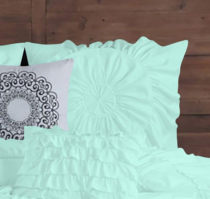 D.N.G. BEDDINGS 100% Egyptian Cotton 5 Piece Circle Ruffle Comforter Set with 1 Freebie Ruffle Pillow | 550 GSM Filled Microfiber - Twin/TwinXL Size, Aqua Blue Color - 800 Thread Count