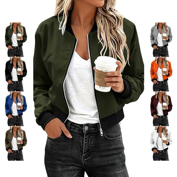 TGSLY Women's Cropped Bomber Jacket Lightweight Zip Up Long Sleeve Work Coat Oversized Casual Solid Color Windproof Outerwear with Pockets XL