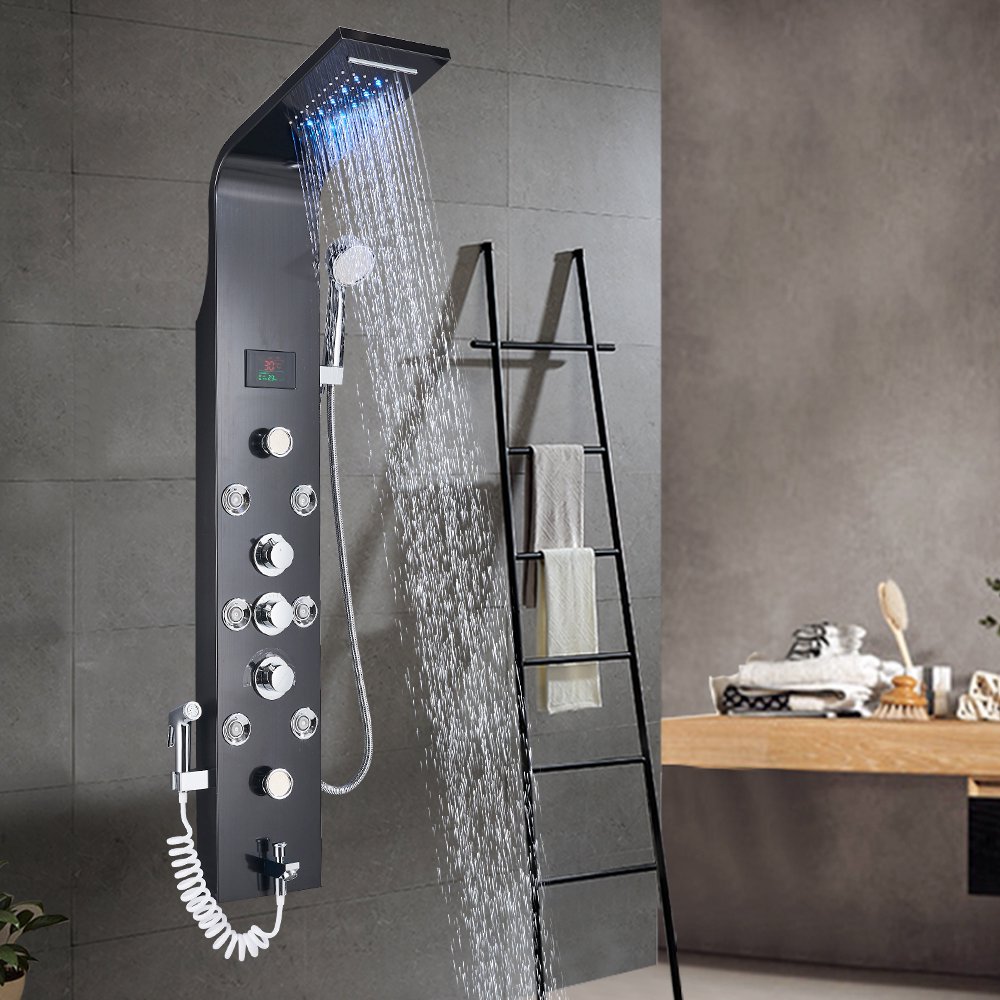 Shower Panel Tower LED Shower System with 6 Functions Unique Powerful hydromassage and Bidet Tap Shower Tower Wall Mounted Black
