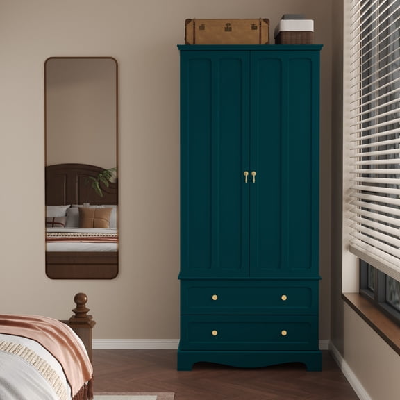 CBJCBJ 72" Wooden Armoire Wardrobe | Large Capacity Bedroom Clothing Storage Cabinets  With 2 Drawers and 2 Doors   Clothes Hanging Rod |   Bedroom Clothing Armoires Green