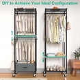 thumbnail image 3 of Rolling Clothes Rack, 3 Tier Garment Rack for Hanging Clothes, Metal Wire Wardrobe with Drawer Rods Portable Closet Organizer Freestanding Clothing Shelf with Wheels, Black, 3 of 6