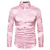Lu's Chic Men's Silk Dress Shirt Satin Long Sleeve Collared Button Up Shirts Slim Fit Fancy Halloween Tuxedo Shirts Rose X-Large