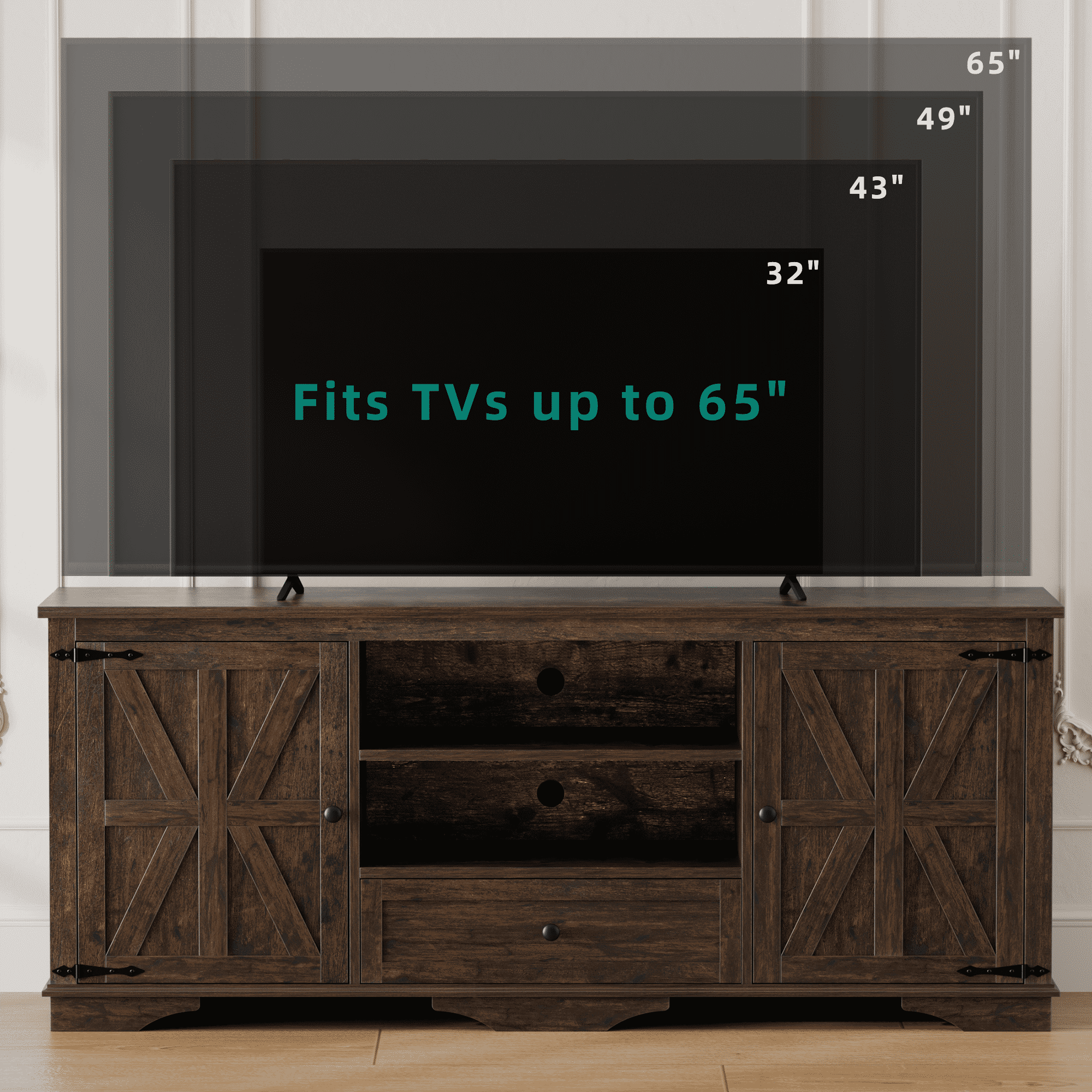 Laintene TV Stands for 65" TV, Entertainment Center with Barn Door, Adjustable Shelves & Storage Cabinets, Solid Wood Media Farmhouse TV Console for Living Room, Brown