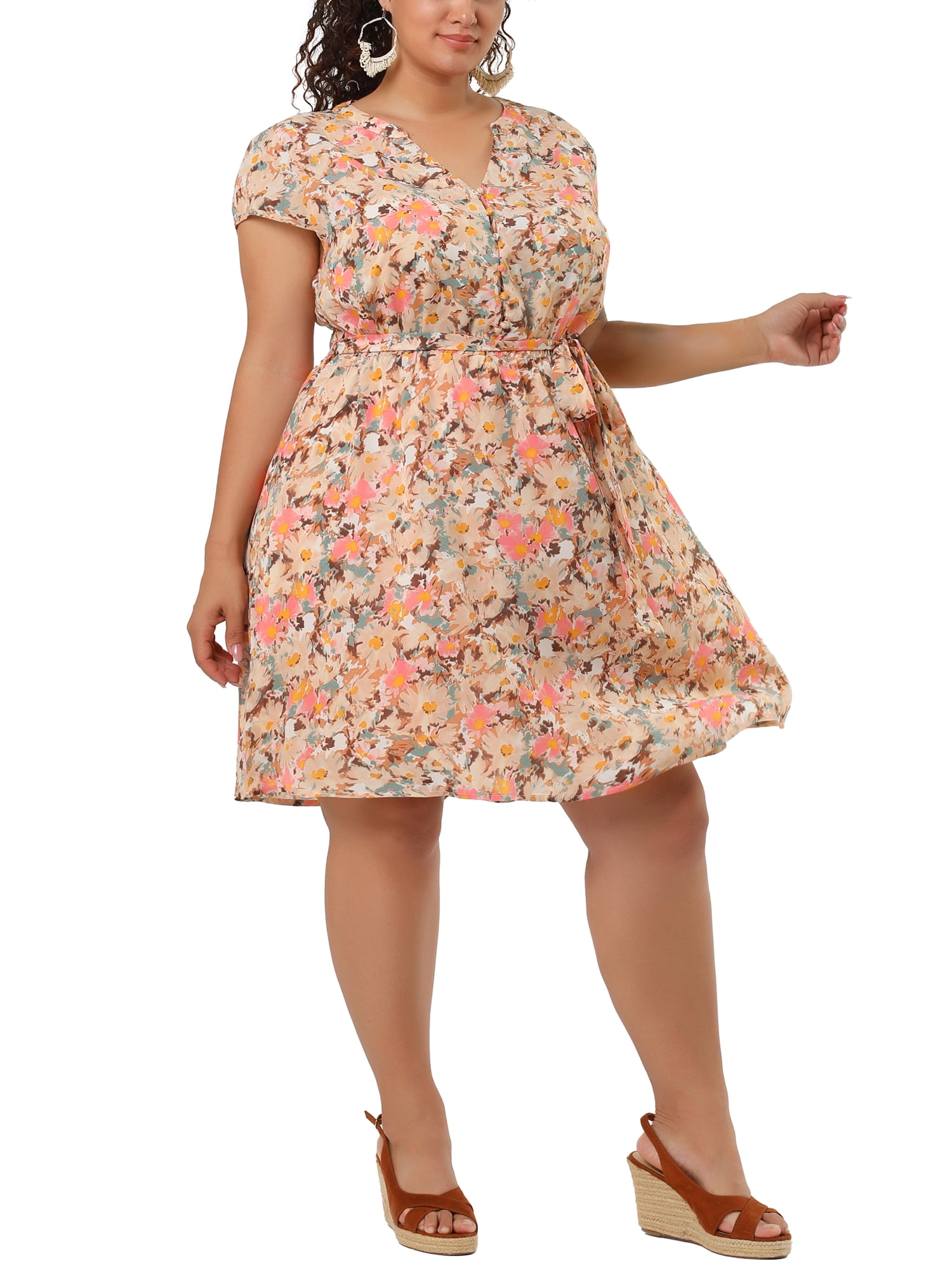 DARING DIVA  Plus Size Floral V Neck Tie Belted Dress 2X Pink