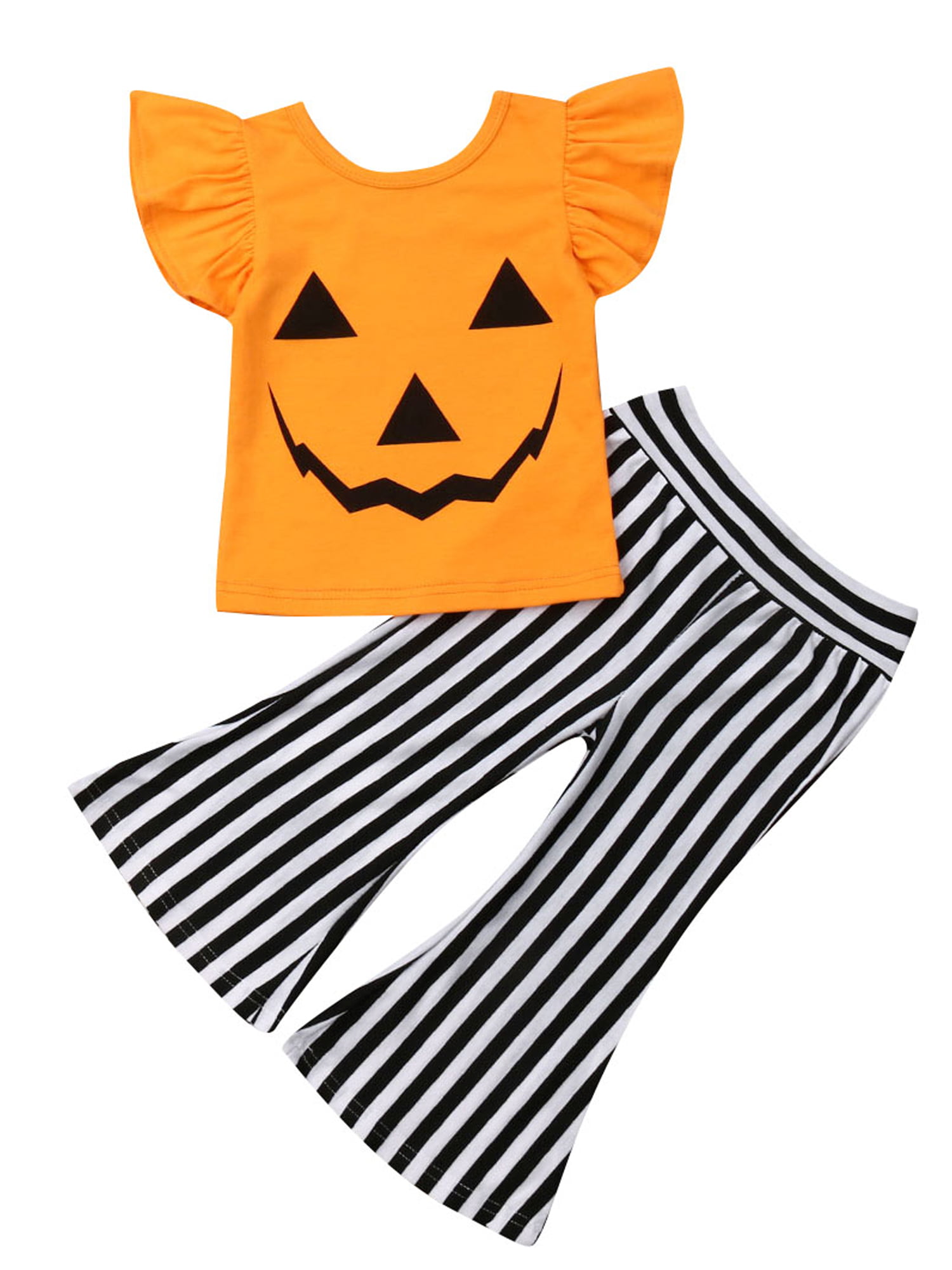 2PCS Baby Girl Halloween Party Outfit Pumpkin T-Shirt Tops Ruffle Falre Pant Set 