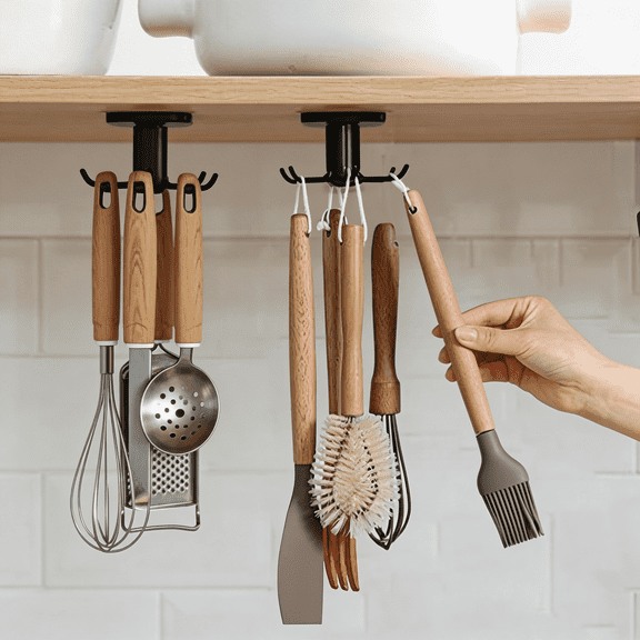 2-Pack Under Cabinet Hooks, 360° Rotating Adhesive Utensil Hanger Rack for Kitchen Tools, Towels, Knives - Black