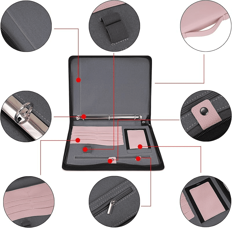 Wonderpool Travel Zippered Portfolio 3 Ring Binder A4 Padfolio Document Case with Removable Clipboard Legal Pad Holder, Business Office School Organizer for Men and Women (Pink)