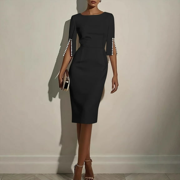 Odbmxy Midi Dress for Women 3/4 Sleeve Wrap Women Dresses Dressy Slim Tunic Plain Party Dresses,Black XXL