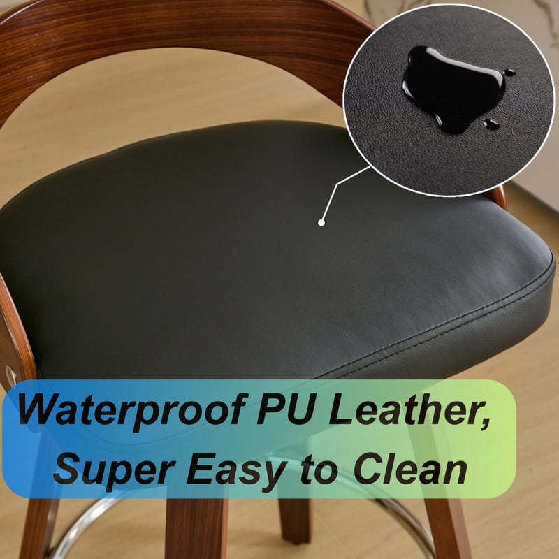 2-Piece Swivel PU Leather Upholstered Seat Bar Stools w/ Footrest, 25in Bar Height Accent Pub Chairs w/ Curved Backrest
