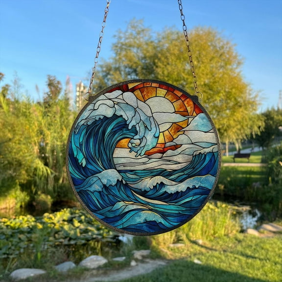 Ocean Waves Painted Stained Glass Suncatcher, Window Hanging Decor, Outdoor Sun Catcher Decor, Beach HouseÂ WallÂ Decor