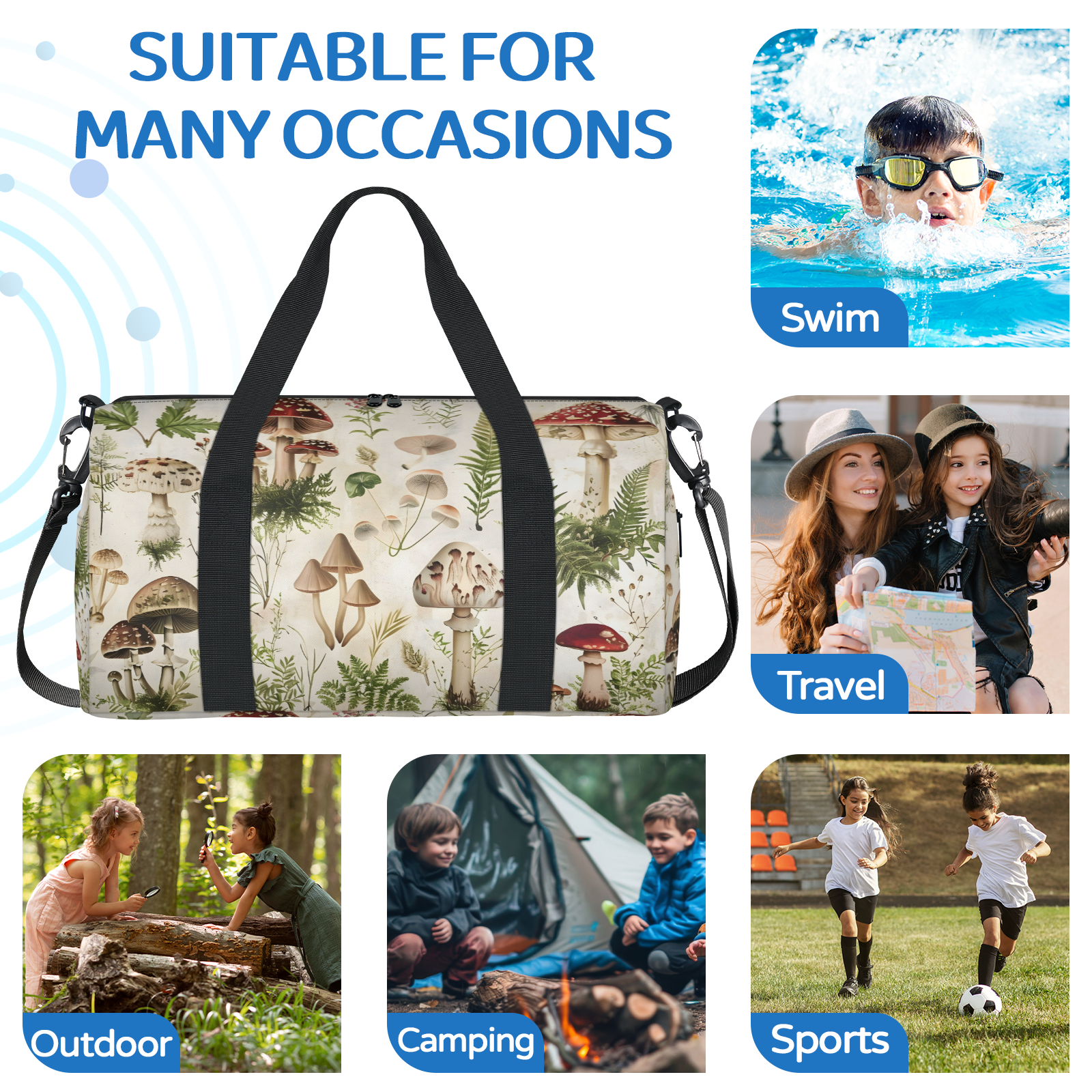 Herdesigns Mushroom Plants Ferns Gym Bag for Women, Duffle Bag for Travel Sport, Lightweight Waterproof Carry on Weekender Overnight Dance Yoga Workout Bags