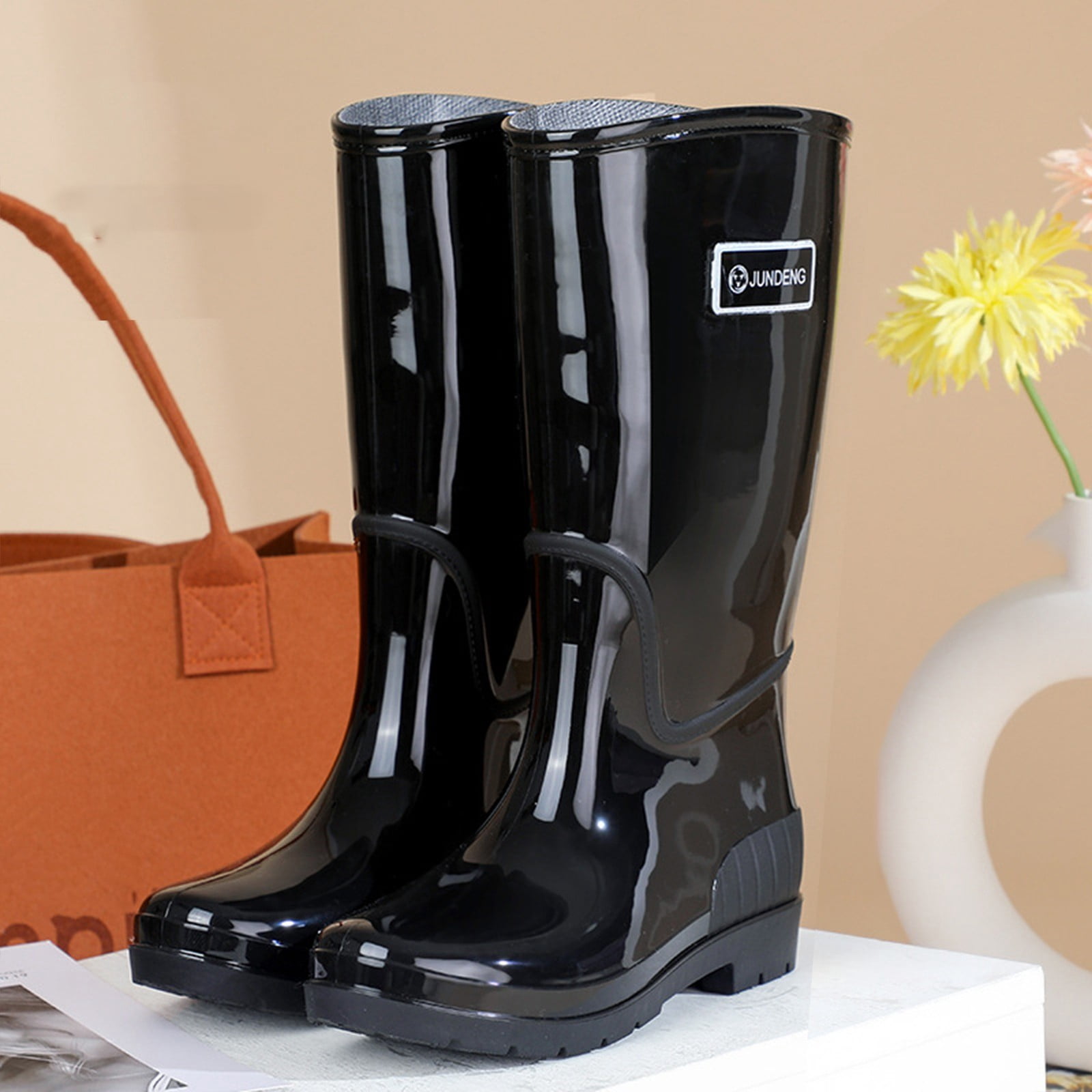 Tall Rain Boots for Women Waterproof Ladies Knee High Rubber Boots Comfort Garden Boots (Black 8)