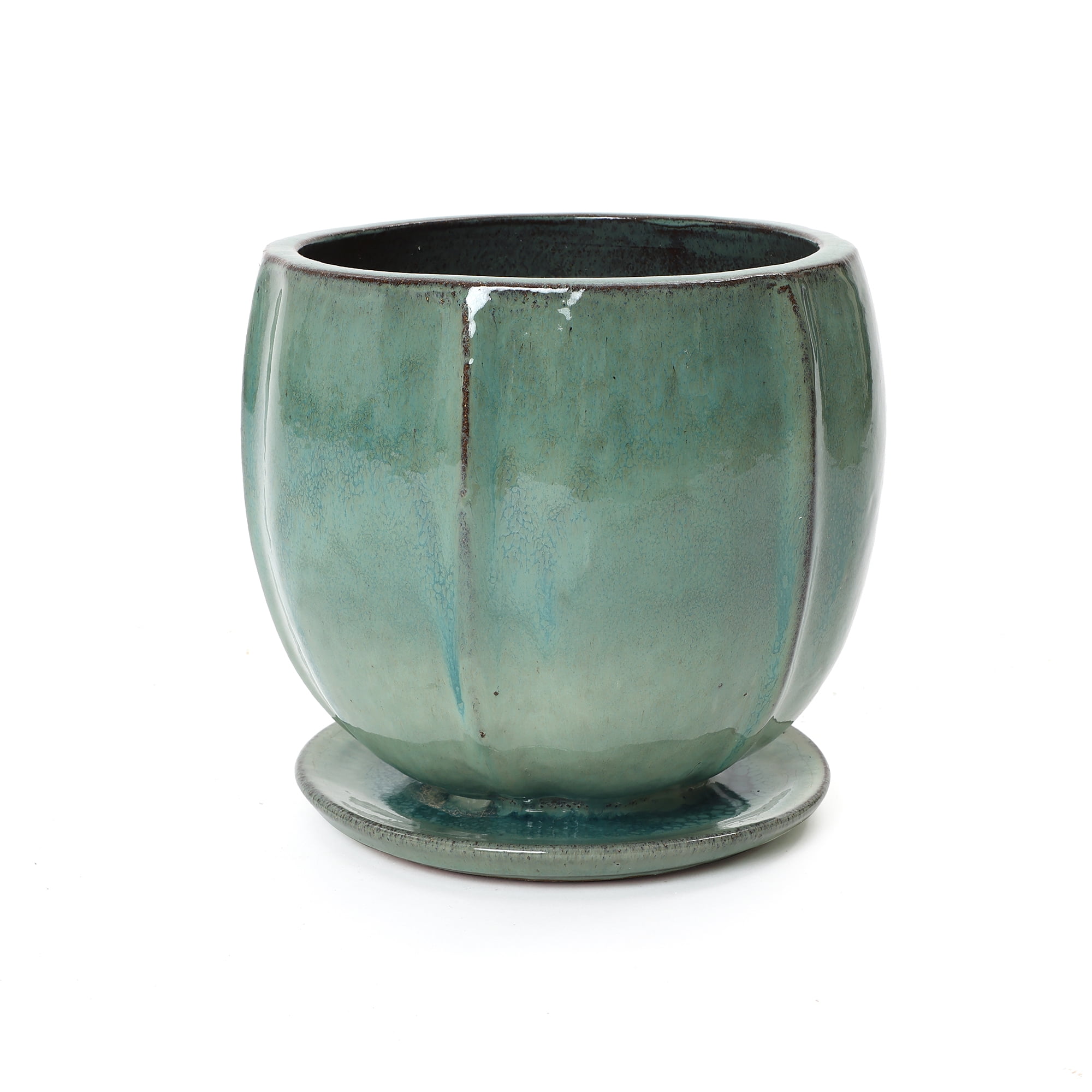 LuxenHome 11.5" Dia Jade Green Large Round Ceramic Planter with Attached Saucer, Glazed Indoor Outdoor Planter Pot for Indoor Outdoor Use