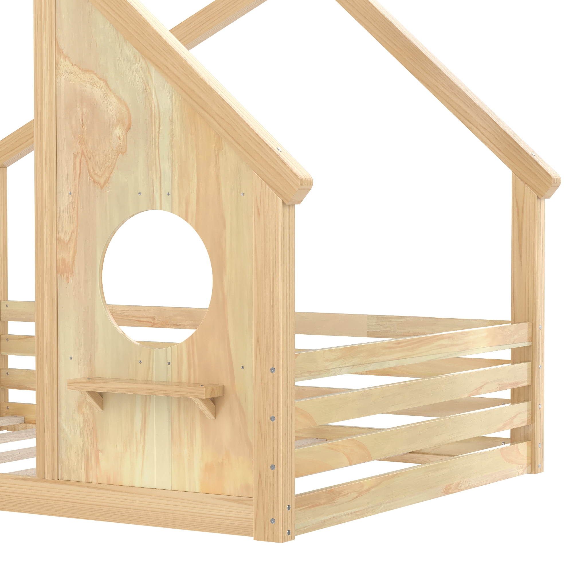 Jopath Full Size House Floor Bed with Window and a Small Shelf, Solid Wood Floor Bed with House-shaped Roof for Boys Girls Natural