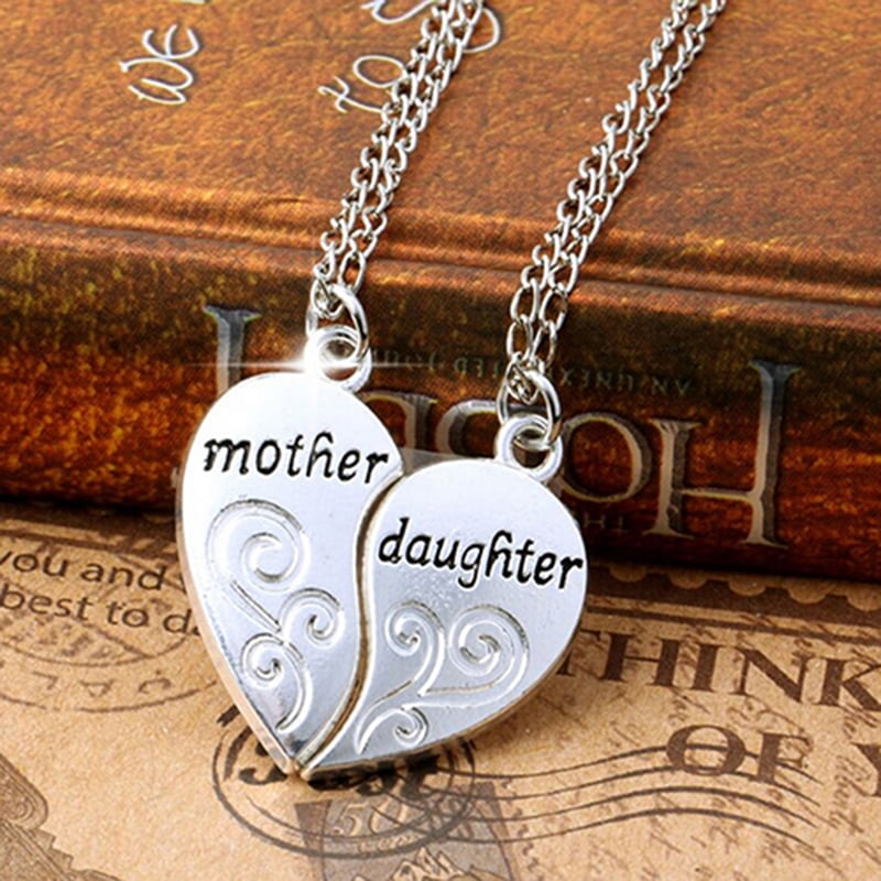 2PC/Set Women Silver Crystal Mother Daughter Heart 2 Parts Pendant Necklace Gift 