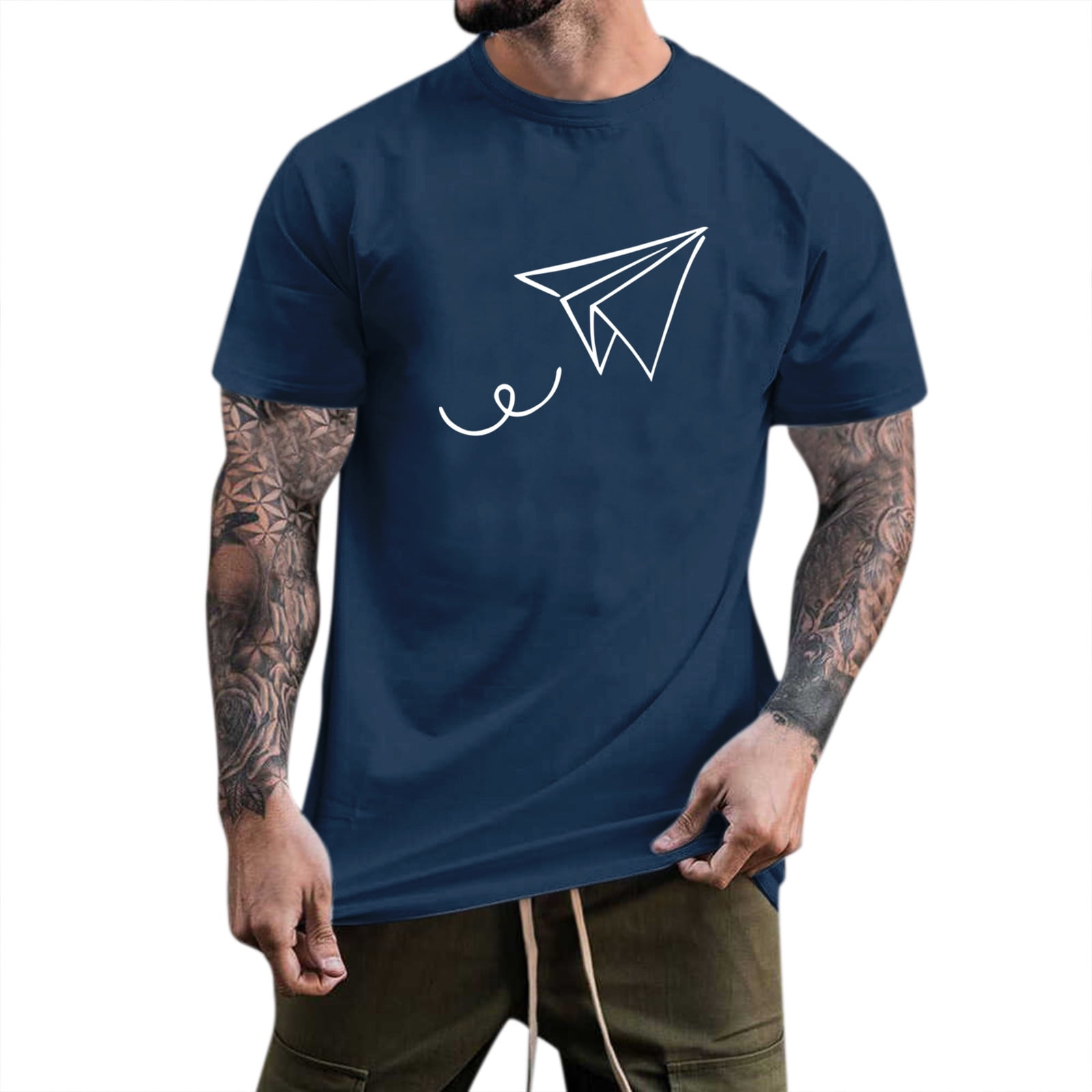 Male Summer Casual Paper Plane Print T Shirt Blouse Short Sleeve Round Neck  Tops T Shirt Full T Shirts for Men Navy S 