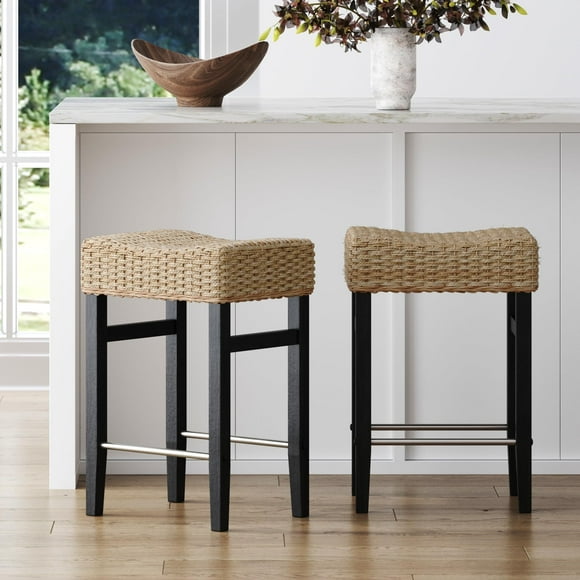 Nathan James Harvey Rattan Bar Stool Bohemian Counter Height Stool with Woven Seagrass Seat Solid Wood Legs and Metal Footrest Seagrass/Brushed Black