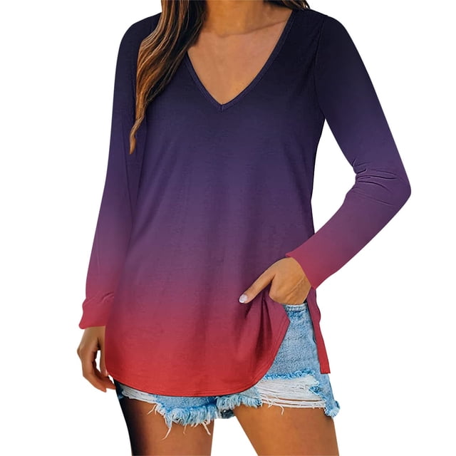 Women Autumn Soft Smart Nature V-neck Long Sleeve 95%Polyester,5%Spandex Top Blouse Shirt(Purple,S)