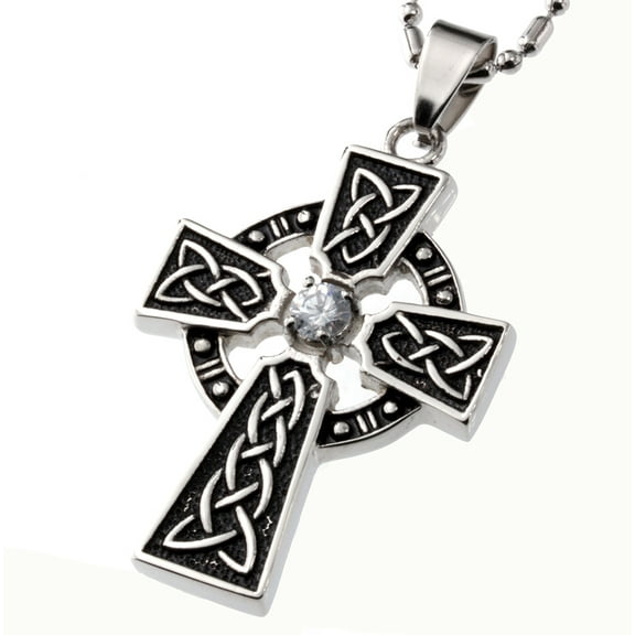 R.H. Jewelry Stainless Steel Pendant, Celtic Knots Cross with Cz Stone Necklace