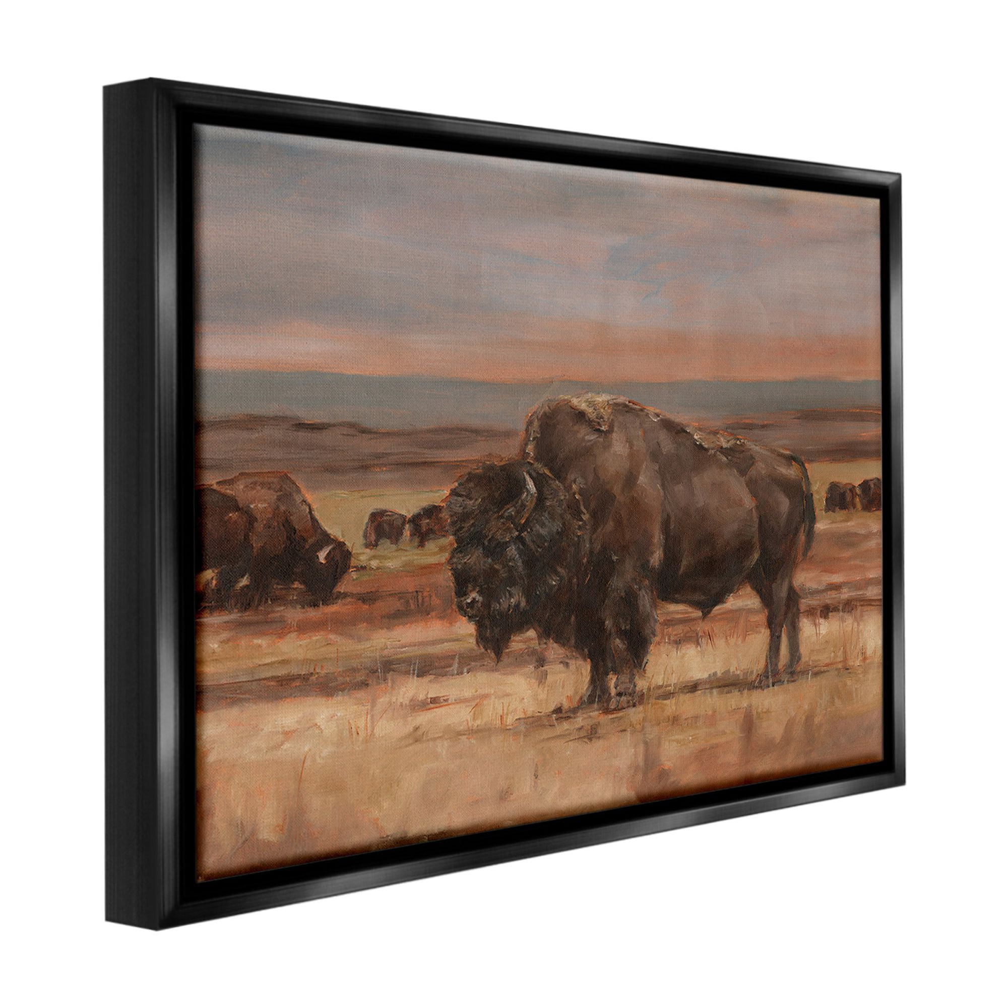 Stupell Industries Rural Pasture with Bison Animals & Insects Painting Black Floater Framed Canvas Art Print Wall Art, 21 x 17