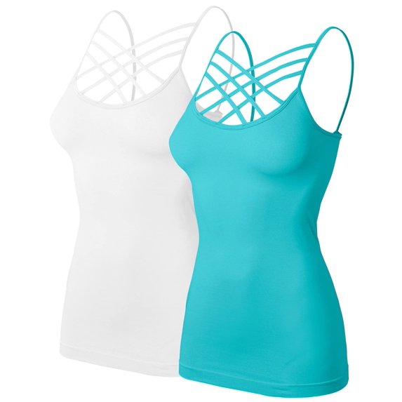 URBAN DAIZY Women's 2 Pack Seamless Criss Cross Front Lattice Strappy Tank Spaghetti Strap Camisole Undershirt White/Ash Mint L/XL