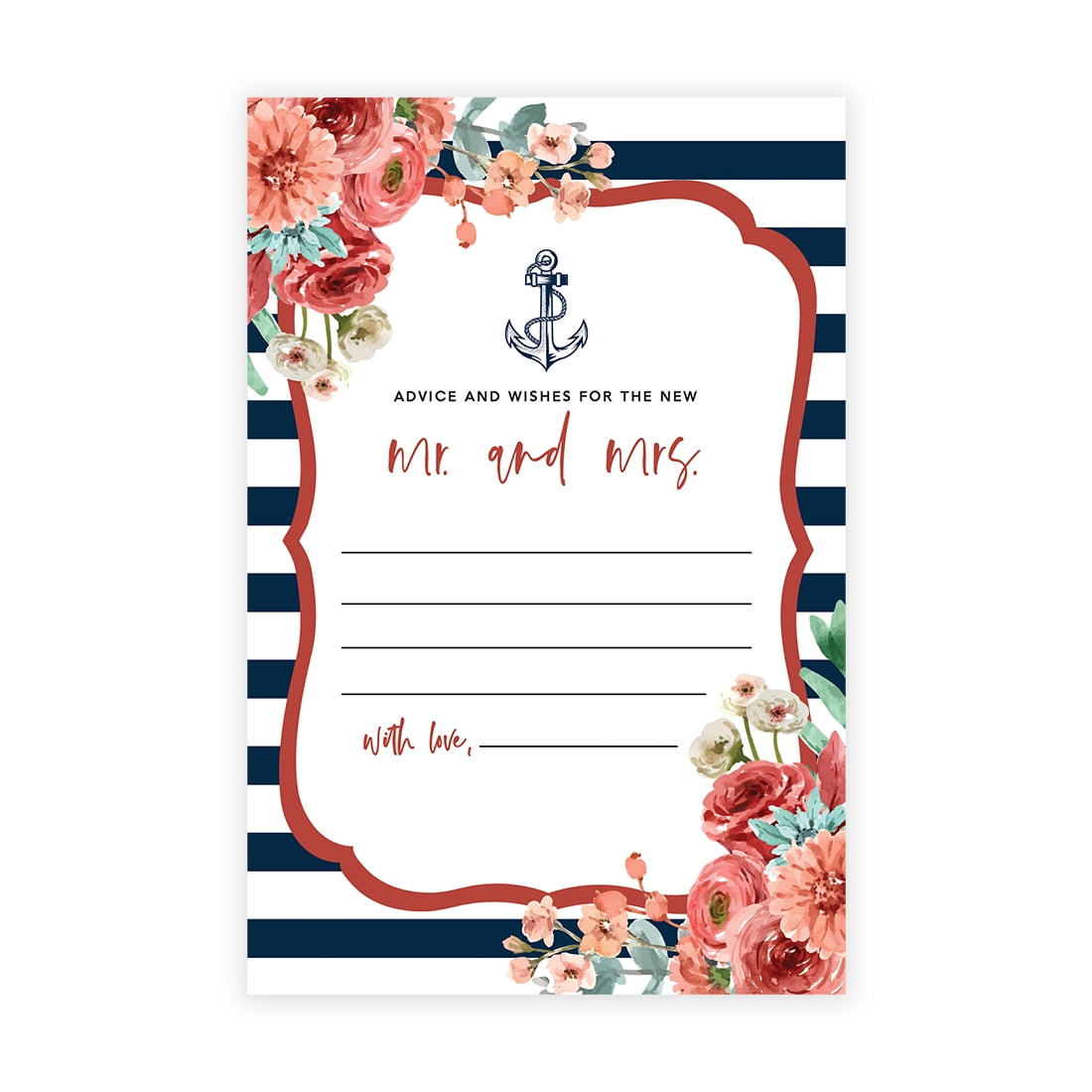 Andaz Press Nautical Floral Theme Wedding Advice & Well Wishes Guest Book Cards for Bride and Groom, 56 Pack