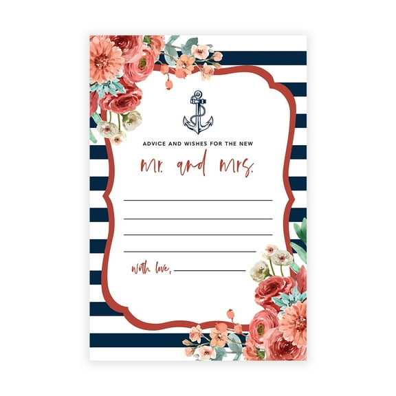 Koyal Wholesale Nautical Floral Theme Wedding Advice & Well Wishes Guest Book Cards for Bride and Groom, 56 Pack