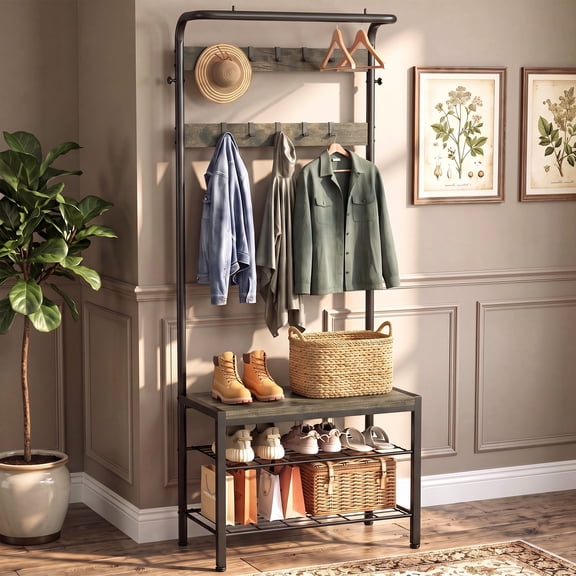 edx 4-in-1 Coat Rack with Shoe Bench and Hall Tree, entryway bench with 10 Removable Coat Hooks, Sturdy Steel & Wood Entryway Organizer, Anti-Tip Design, Gray