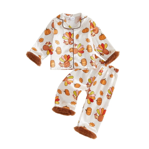 Cjfdfy Toddler Baby Girl Boy Thanksgivingsatin Pajamas Set Turkey Print Lapel Long Sleeve Fuzzy Trim Button Up Tops Elastic Pants Cute My First Thanksgiving Fall Winter Sleepwear 1-6Y 