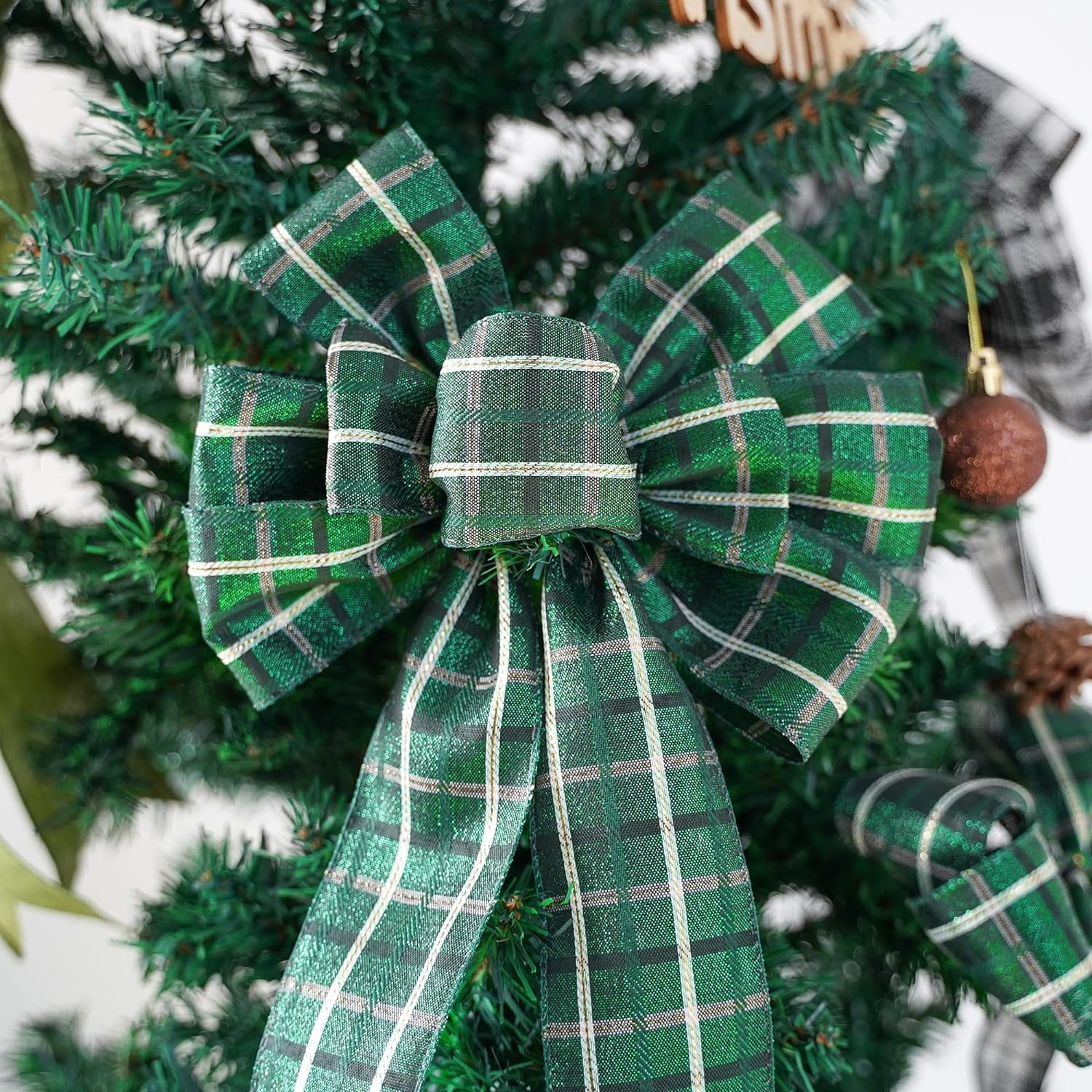 Green Plaid Tartan Checkered Christmas Tree Ribbon - 2.5" Wired in Green - 25 Yards - Perfect for Holidays