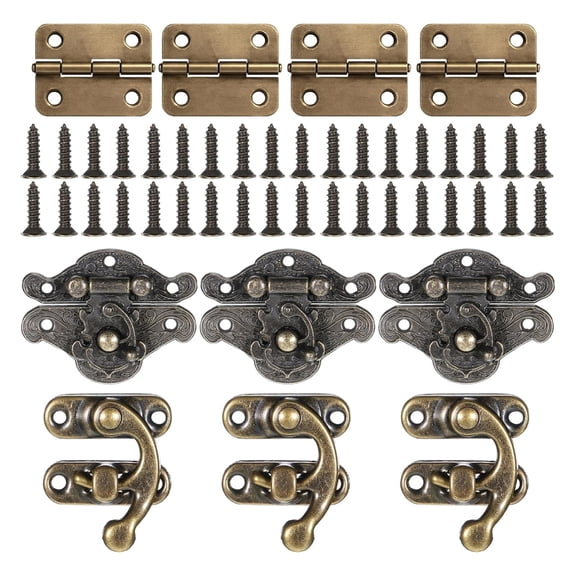 Antique Bronze Jewelry Box Locks with Mini Hinges & Screws Retro Cupboard Hardware Set for Wooden Craft Projects Use