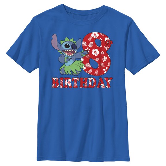 Boy's Lilo & Stitch 8th Birthday Hula Dance Graphic Tee Royal Blue Small