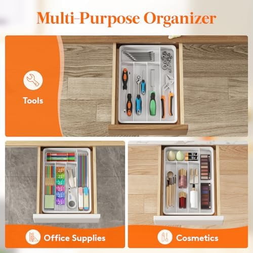 Silverware Drawer Organizer Tray, Plastic Cutlery Storage for Kitchen, Flatware and Utensil Holder Divider for Spoons Forks Knives Tableware, 9.5 x 13.4", 5 Slots, White