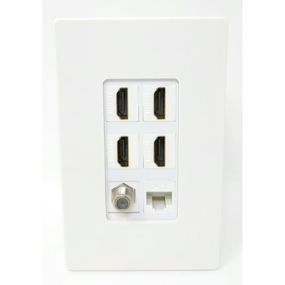 RiteAV - 4 Port HDMI 1 Coax Cable TV- F-Type 1 Cat6 Ethernet White Screwless Decorative Wall Plate