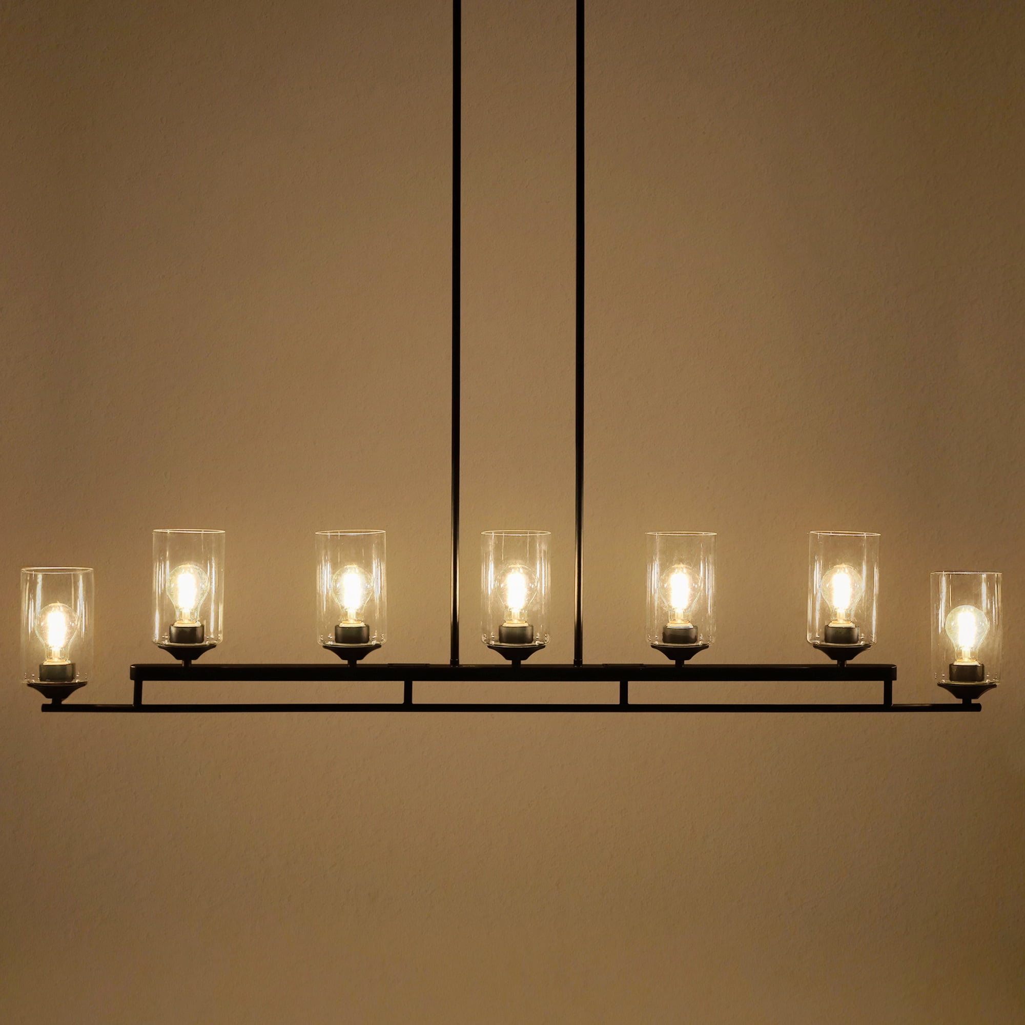 LNC 7-Light Matte Black Modern Linear Pendant with Clear Glass, Large Kitchen Island