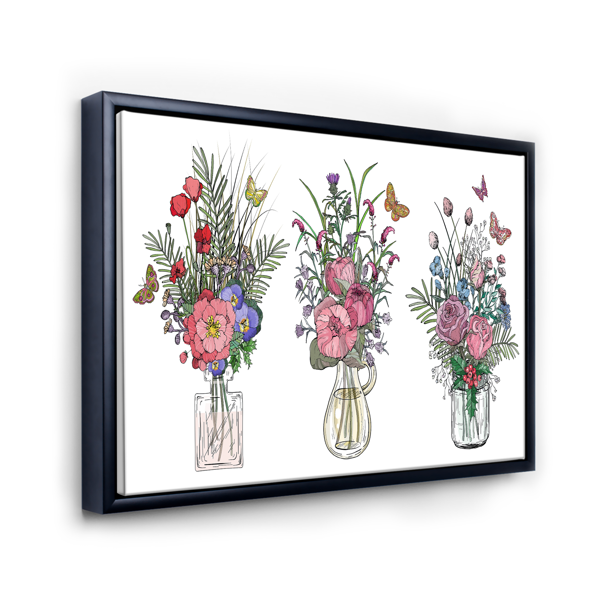 Designart 'Transparent Vases With Bouquets of Wildflowers II' Farmhouse Framed Canvas Wall Art Print