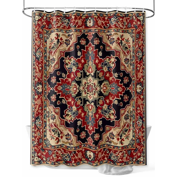 Red Vintage Shower Curtain, Floral Pattern Ethnic Style Waterproof Shower Curtain Set with 12 Hooks Lightweight Washable Fabric Shower Curtains for Bathroom 72x78 Inches