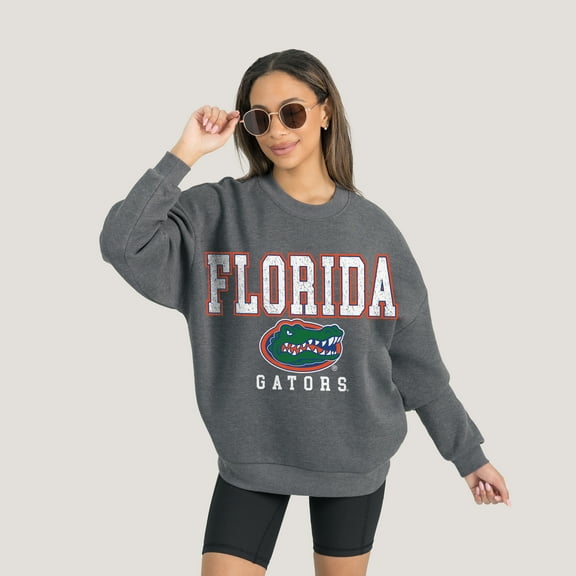 Women's Gameday Couture  Heather Charcoal Florida Gators Oversized Distressed Fleece Pullover Sweatshirt
