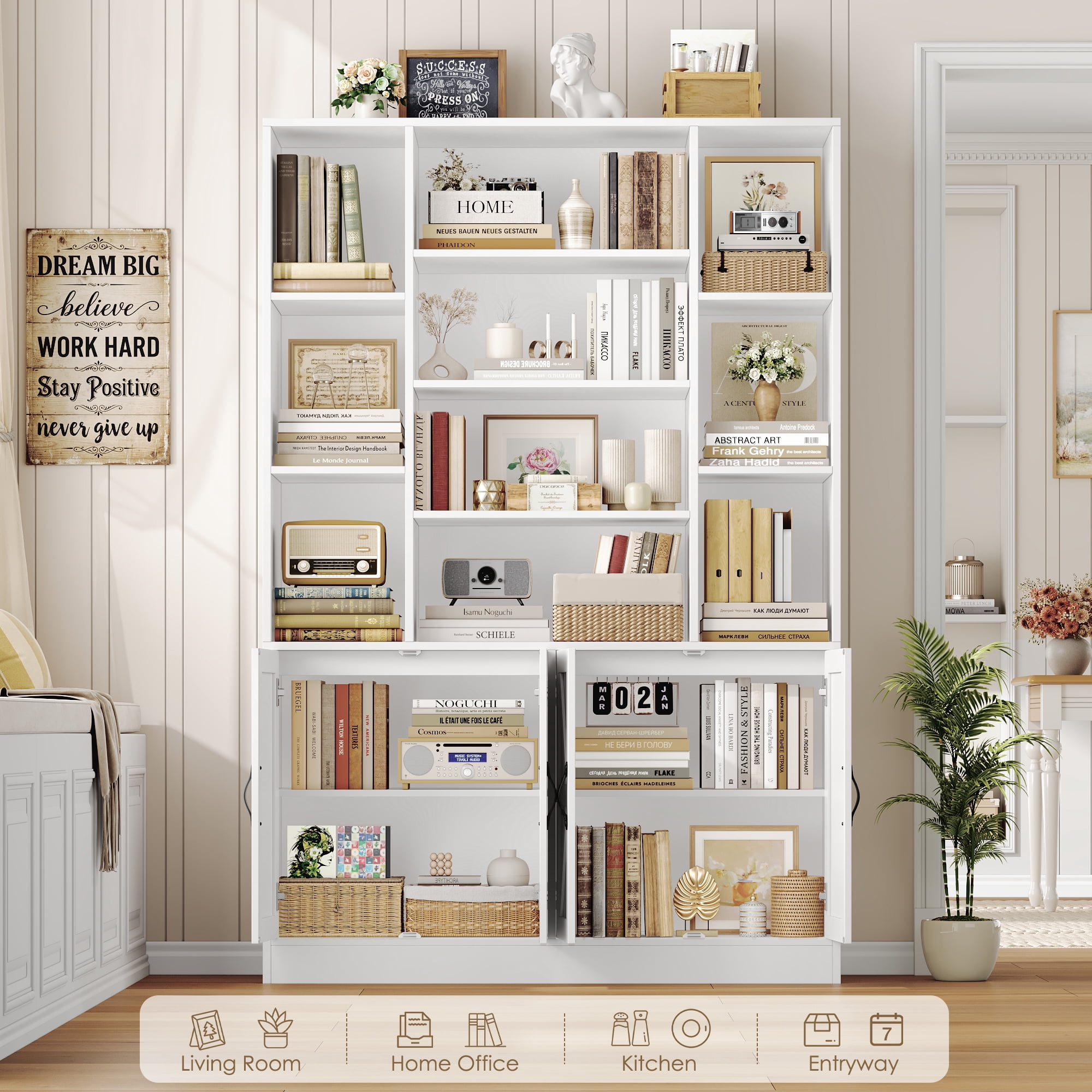 Hiphuta 75" Tall Modern Bookcases with 2 Double Door Cabinet, 47"Wide Wooden Storage Bookshelf for Living Room Home Office Entryway, White
