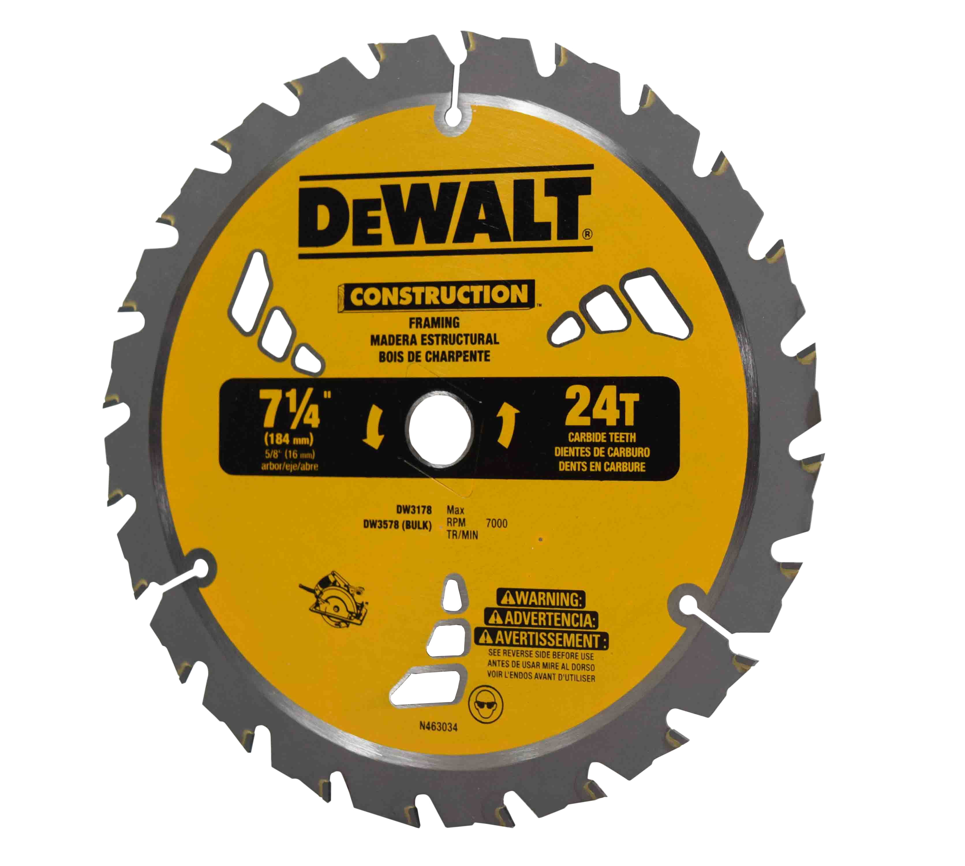 Dewalt "Construction" 7-1/4" x 24 Th Carbide Saw Blade Framing Skill Saw DW3178 Dewalt "Construction" 7-1/4" x 24 Th Carbide Saw Blade Framing Skill Saw DW3178