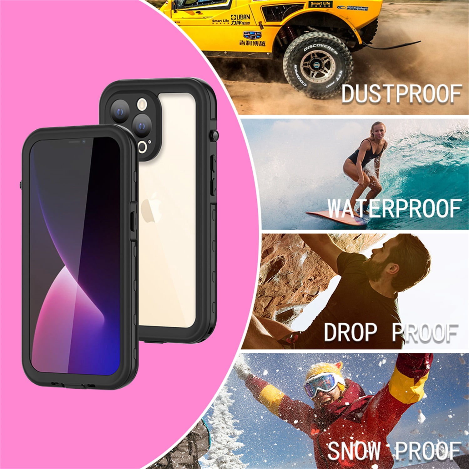 SaniMore for iPhone 13 Pro Max IP68 Waterproof Case with PET Screen Protector, Ultra Clear Cover with Magnetic Wireless Charging Transparent PC + Soft TPU Heavy Duty Protection Shell, Black