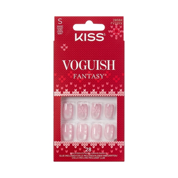 KISS Voguish Fantasy Holiday Press on Nails, Frosty Delights, Pink, Short Squoval, 28 Count