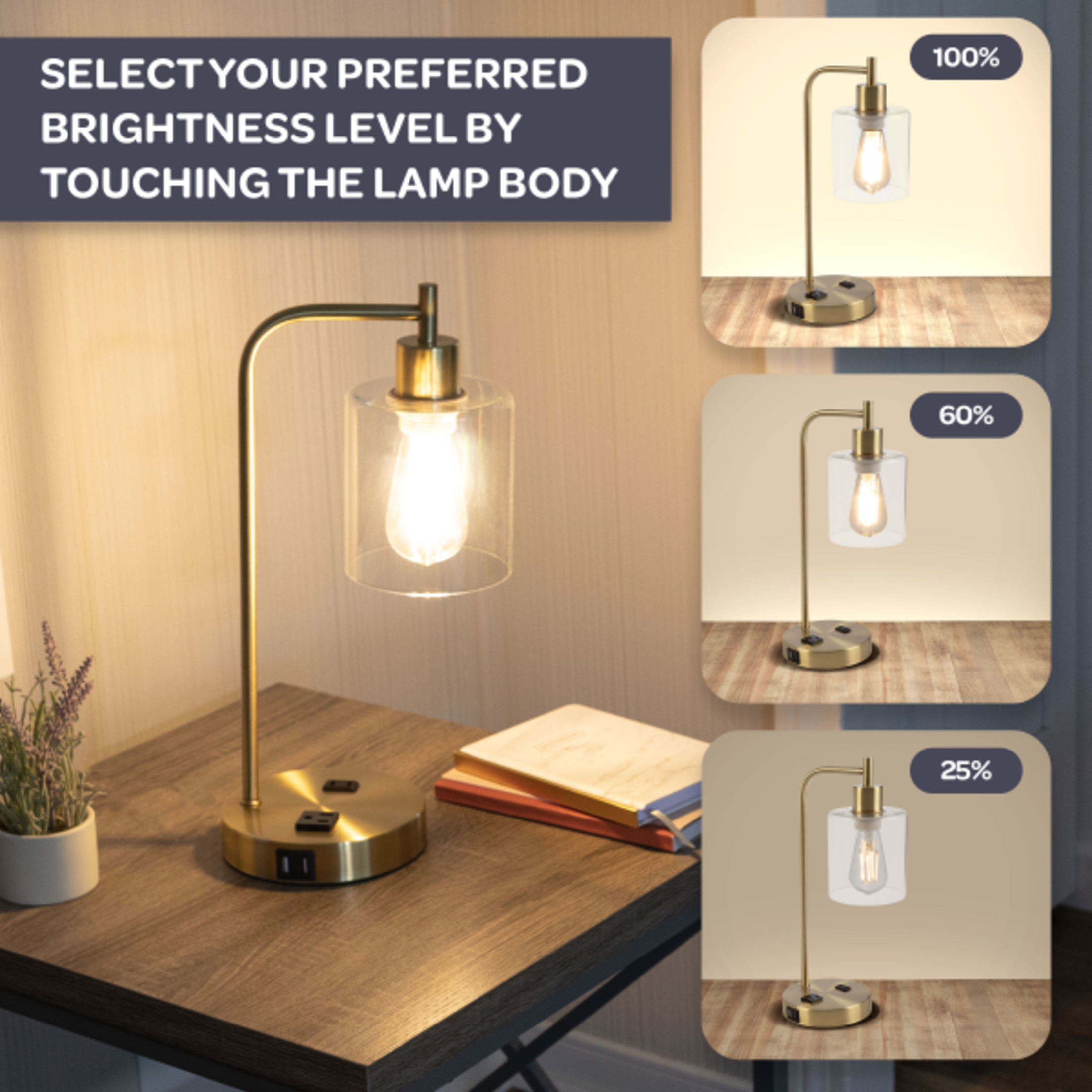 Lavish Home Lamp with USB Charging Ports, Touch Control, LED Bulb (Gold)