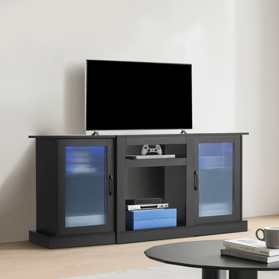 KFFKFF TV Stand for TVs up to 65 Inches, Entertainment Center with LED Light Strip & Adjustable Shelves, Storage Console for Living Room and Bedroom, Black