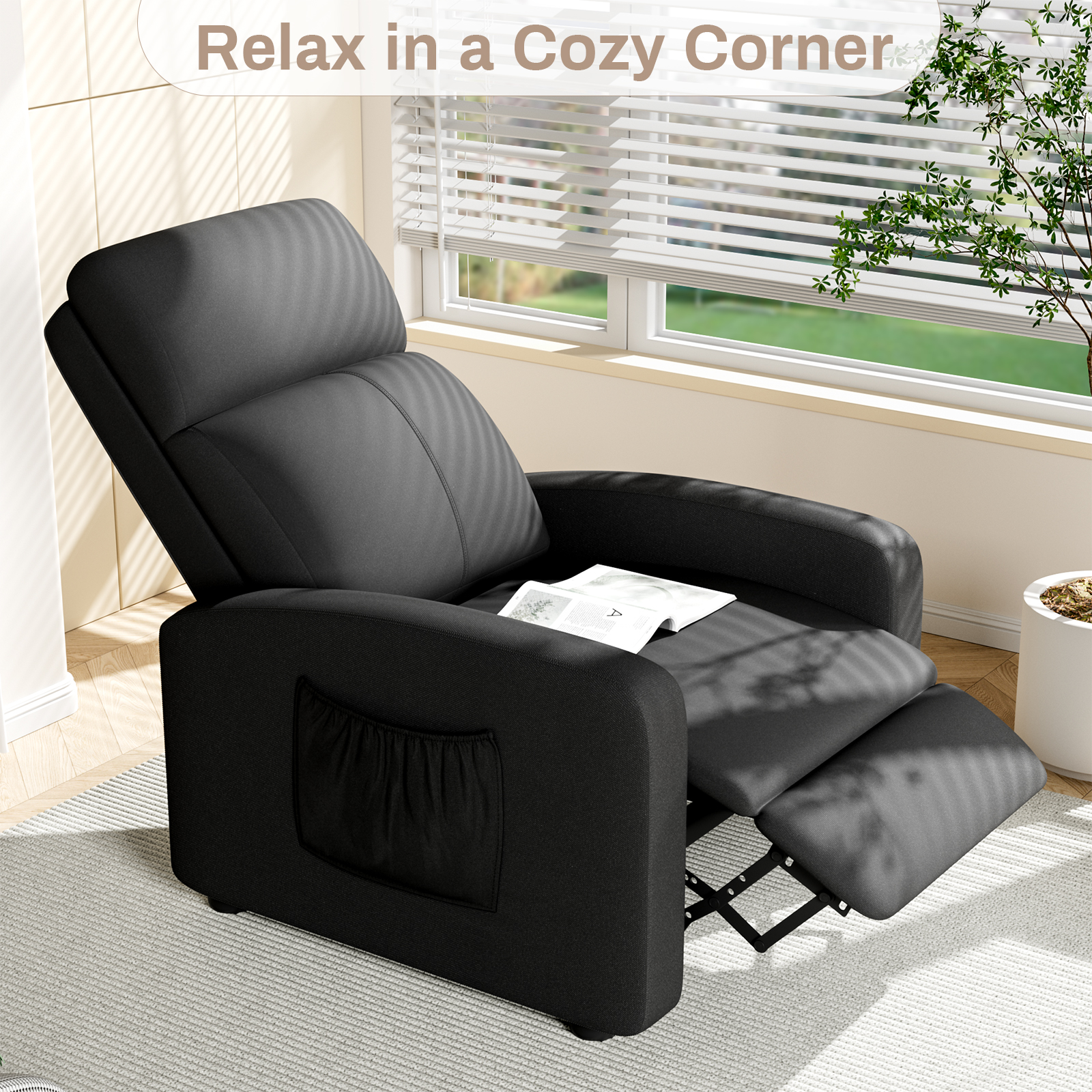 Arlopu Fabric Recliner Chair, Single Reclining Chair Home Theater Seating with Side Pocket, Adjustable Backrest and Footrest, Ergonomic Lounge Chair for Living Room, Black